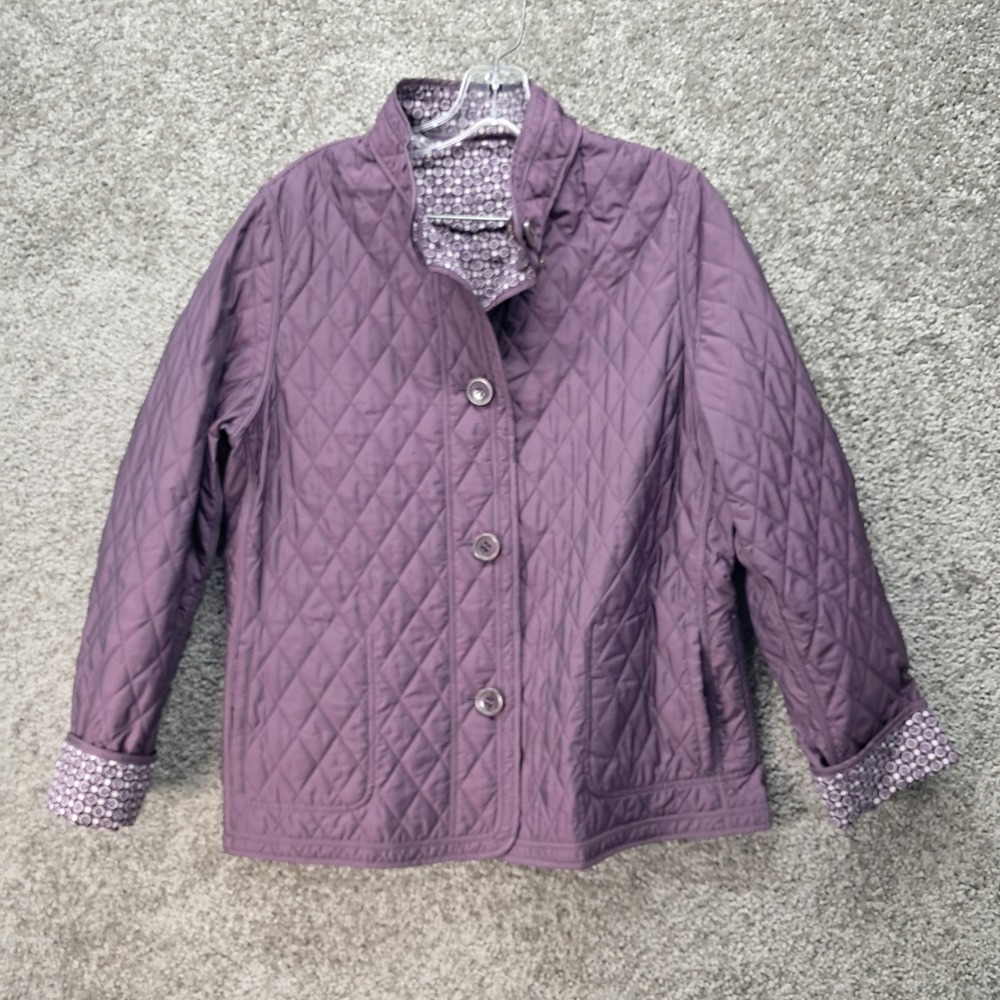 Talbots Womens Reversible Quilted Jacket Purple Geometric Print Mock Neck Medium